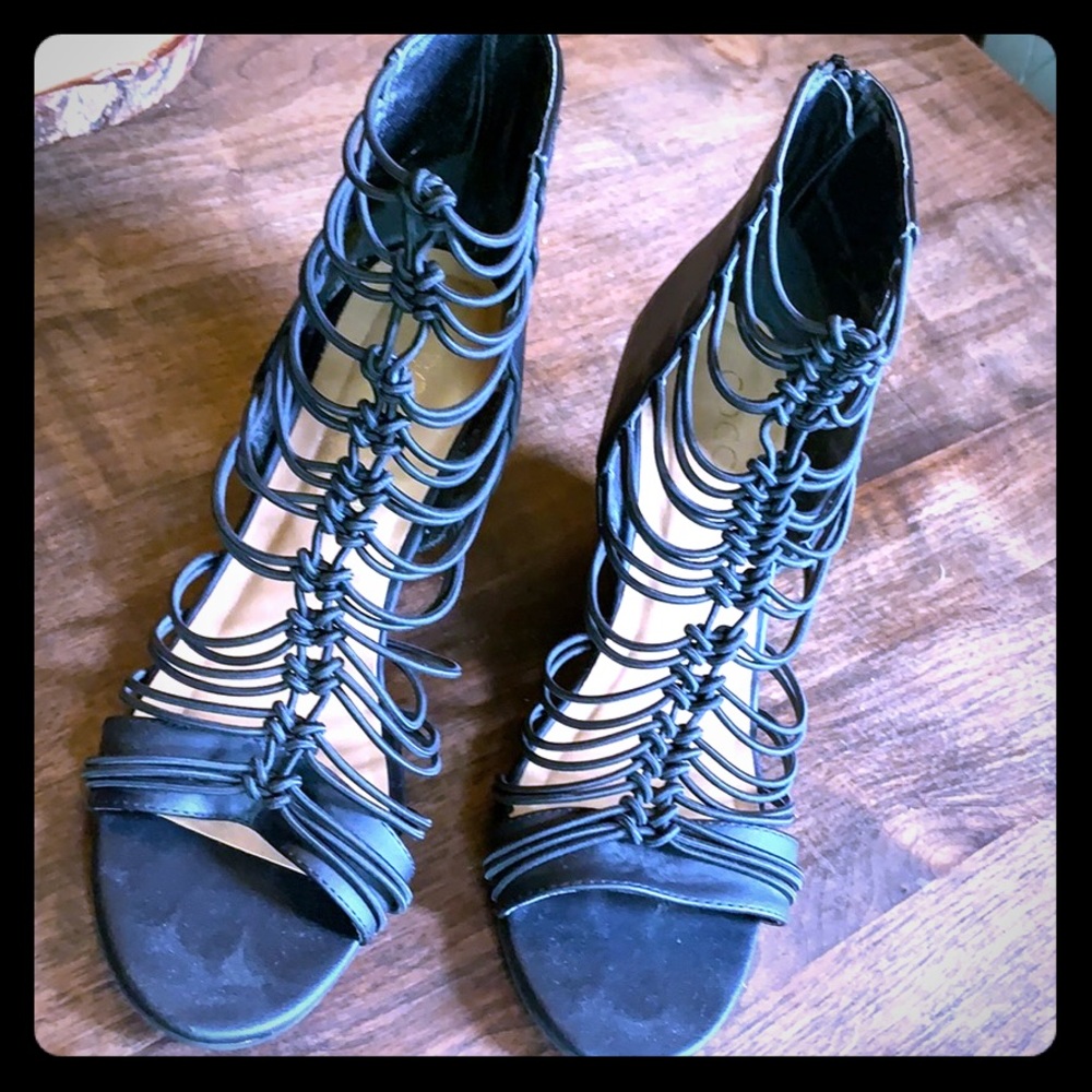 Worn once! Black sexy stretch banded wedges